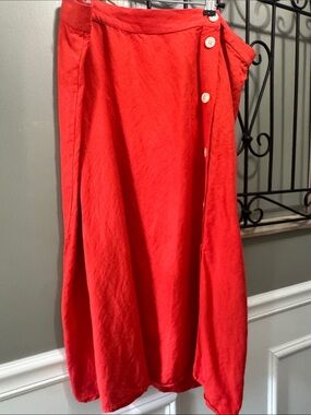 LOFT Red Button-Front A-Line Skirt 16 linen